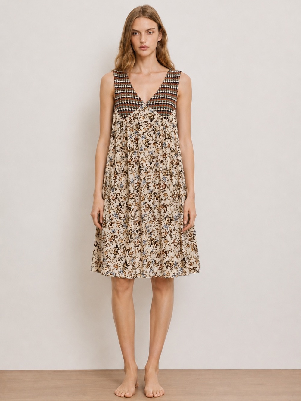 Zara Sleeveless Beige Floral Midi Dress with Brown Check Bodice